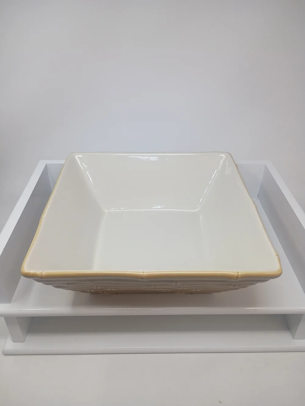 Home Studio Tan Ceramic Bamboo Basket-Style Serving Bowl